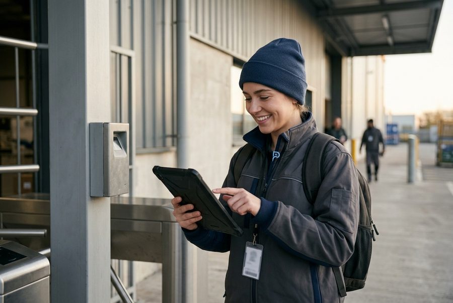 Mitarbeiterin von NovaPuls checkt am frühen Morgen per Tablet am Werkseingang ein